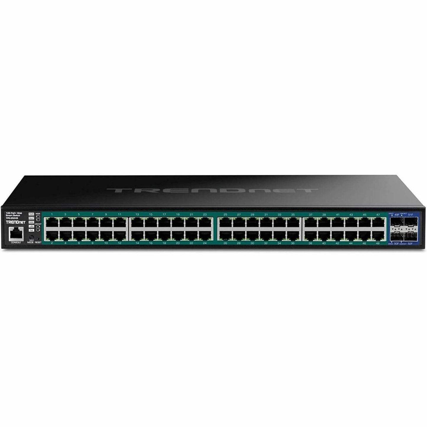 TRENDnet 52-Port Gigabit Web Smart PoE+ Switch with 10G SFP+ Ports TPE-3524S 48 x Gigabit PoE+ Ports 4 x 10G SFP+ Ports 410W PoE Power Budget Lifetime Protection Black