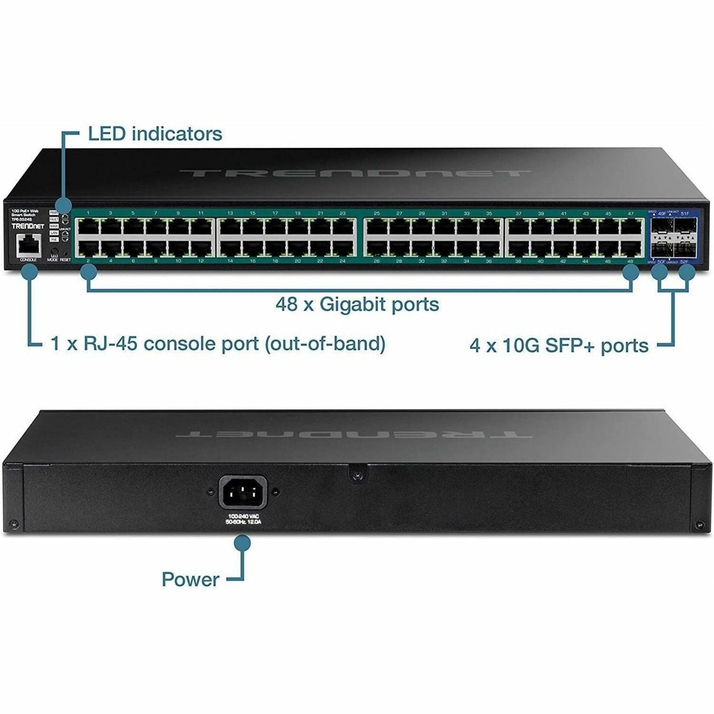 TRENDnet 52-Port Gigabit Web Smart PoE+ Switch with 10G SFP+ Ports TPE-3524S 48 x Gigabit PoE+ Ports 4 x 10G SFP+ Ports 410W PoE Power Budget Lifetime Protection Black