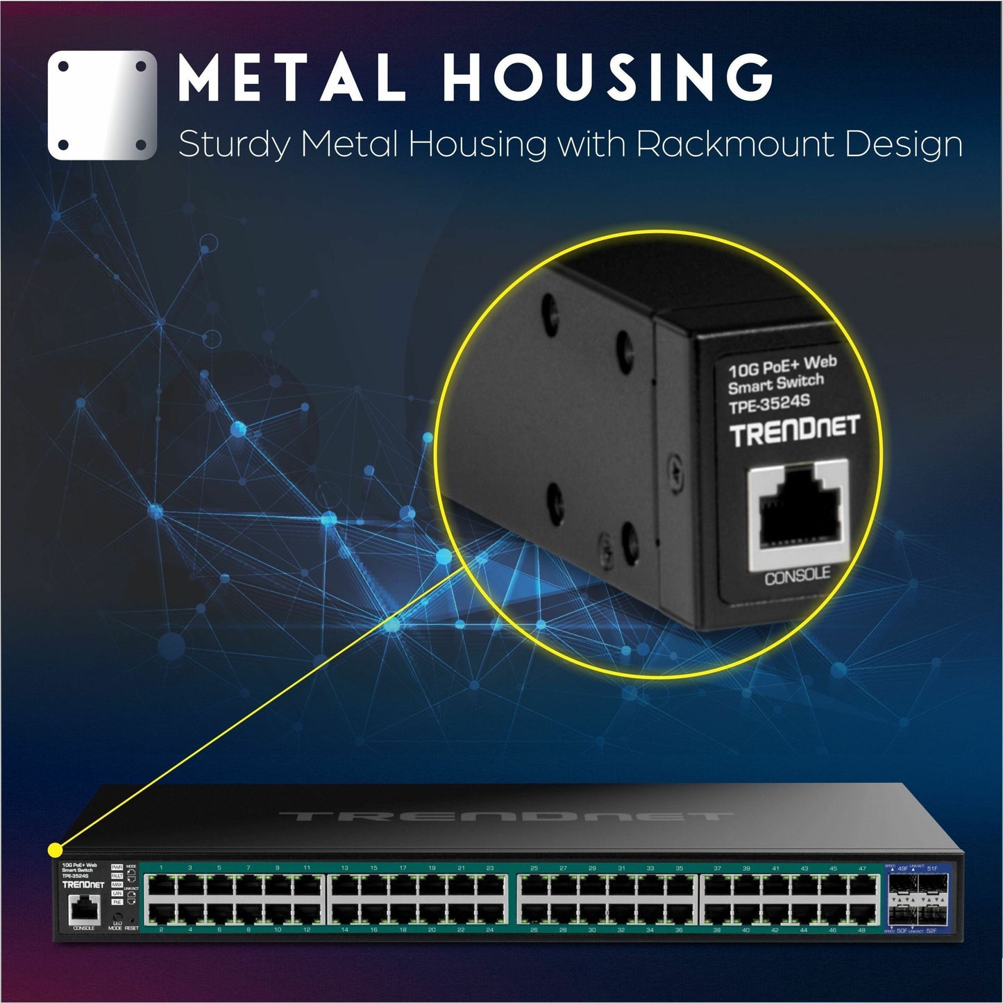 TRENDnet 52-Port Gigabit Web Smart PoE+ Switch with 10G SFP+ Ports TPE-3524S 48 x Gigabit PoE+ Ports 4 x 10G SFP+ Ports 410W PoE Power Budget Lifetime Protection Black