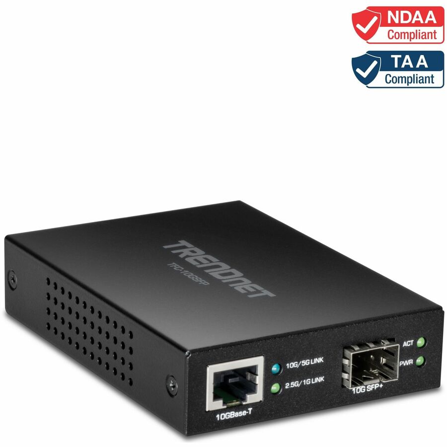 TRENDnet 10GBASE-T to SFP+ Fiber Media Converter TFC-10GSFP 1 x 10G RJ-45 Port 1 x 10Gbps SFP+ Slot SFP+ to 10G RJ-45 Power Adapter Included