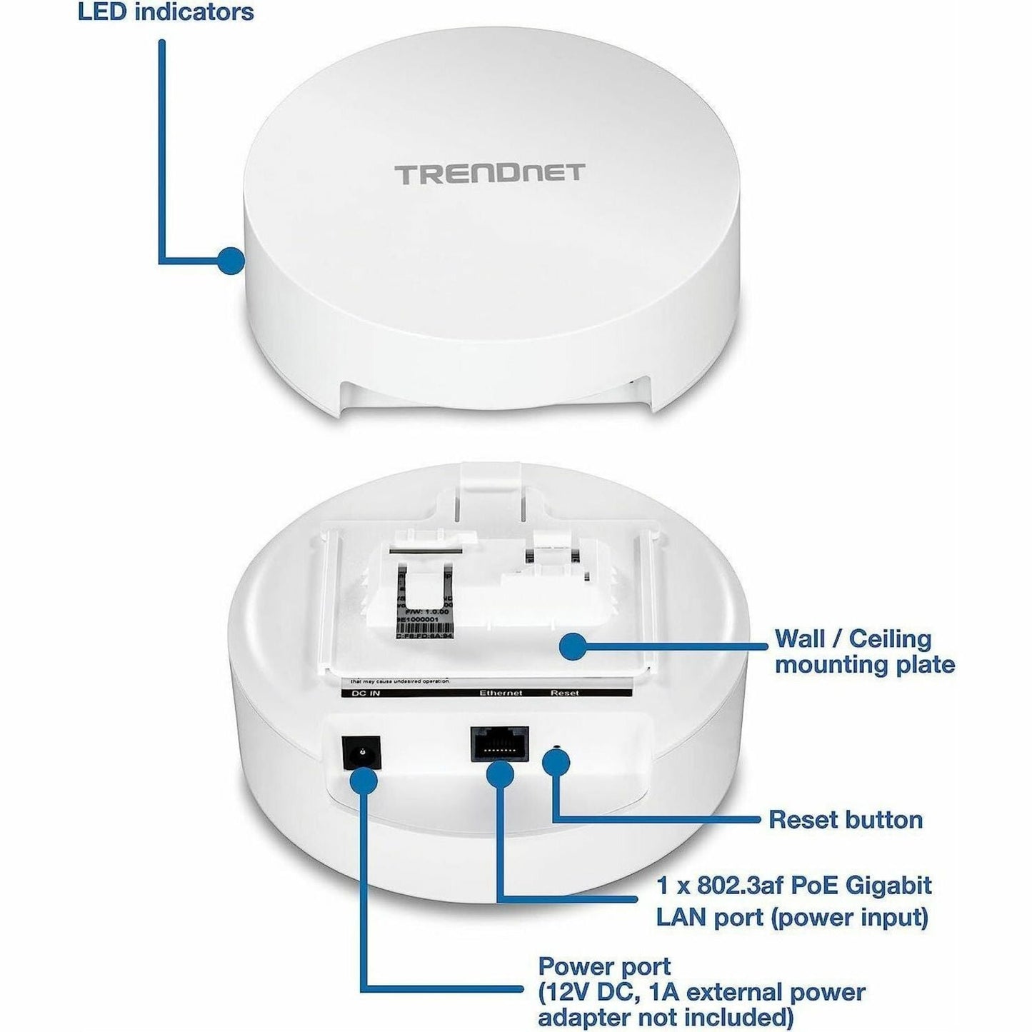 TRENDnet AC1300 Dual Band PoE Indoor Wireless Access Point 867Mbps WiFi AC + 400Mbps WiFi N Bands MU-MIMO Repeater Mode Traffic Management Easy Installation White TEW-823DAP