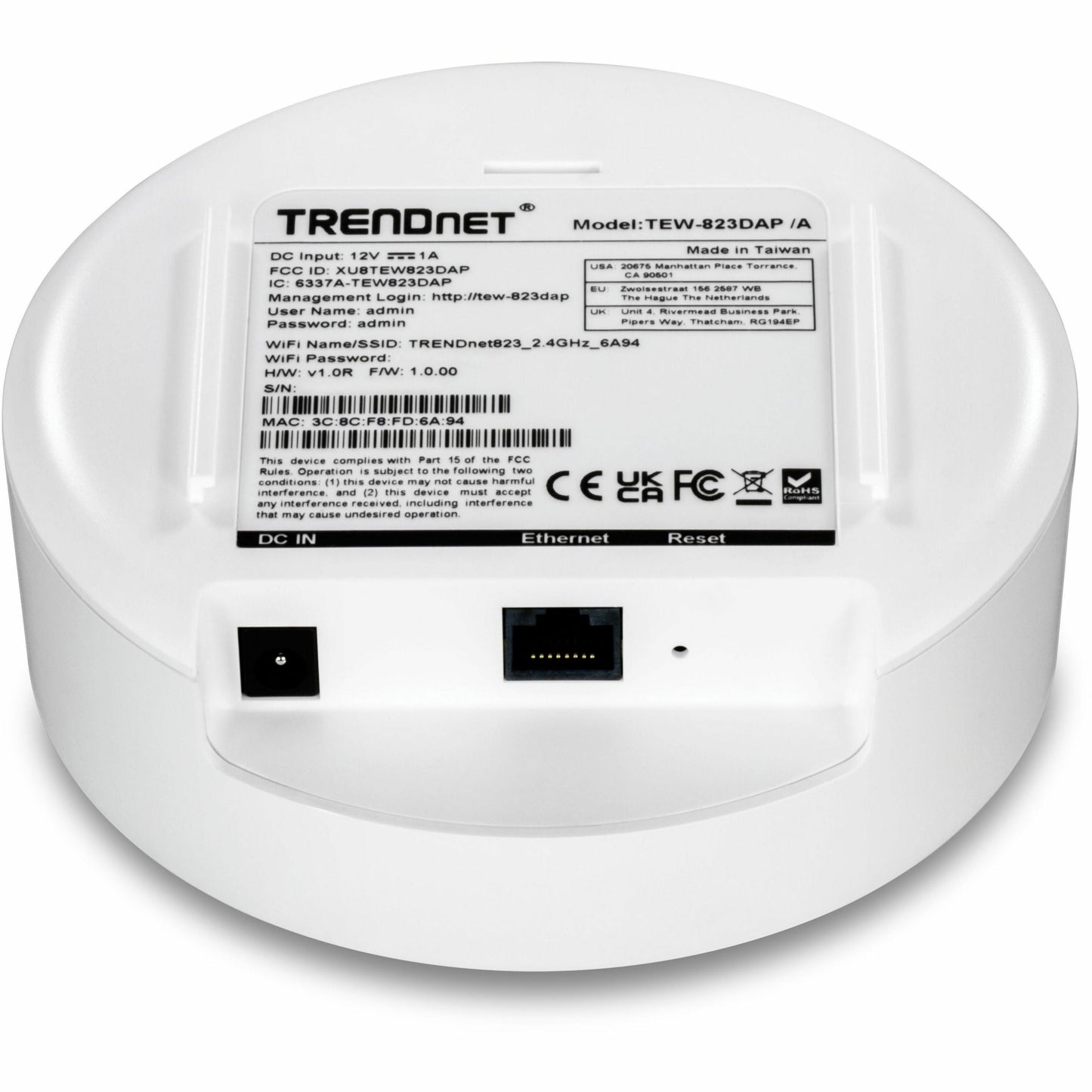 TRENDnet AC1300 Dual Band PoE Indoor Wireless Access Point 867Mbps WiFi AC + 400Mbps WiFi N Bands MU-MIMO Repeater Mode Traffic Management Easy Installation White TEW-823DAP