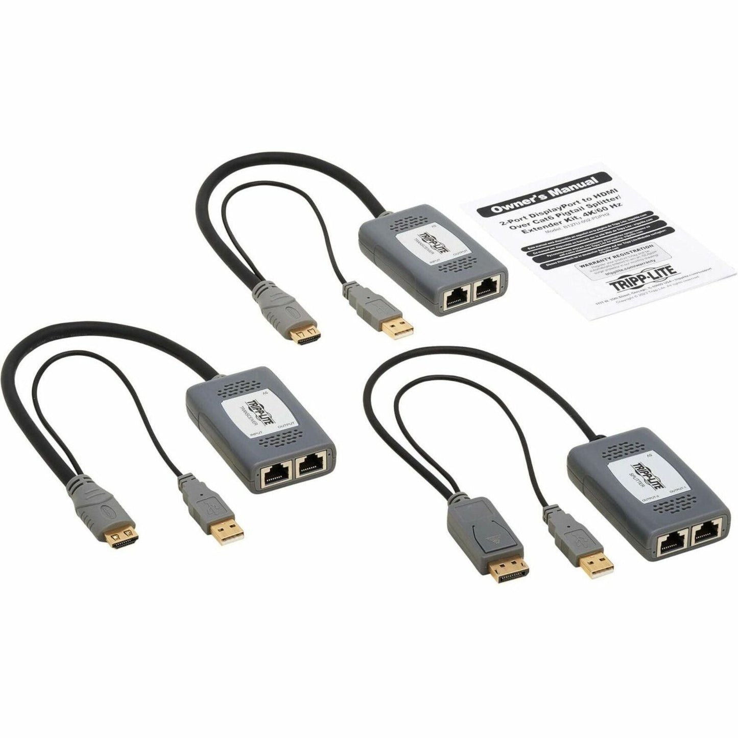 Tripp Lite 2-Port DisplayPort to HDMI over Cat6 Extender Kit Pigtail Transmitter/2x Receivers 4K 60 Hz HDR 4:4:4 230 ft. (70.1 m) TAA