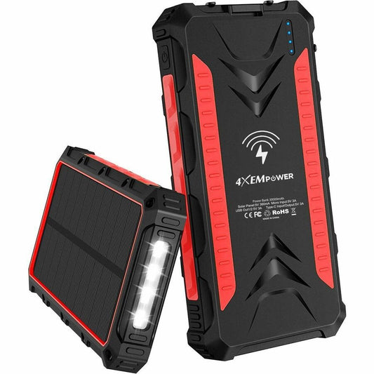 4XEM 30000 mAh Mobile Solar Power Bank and Charger (Red)