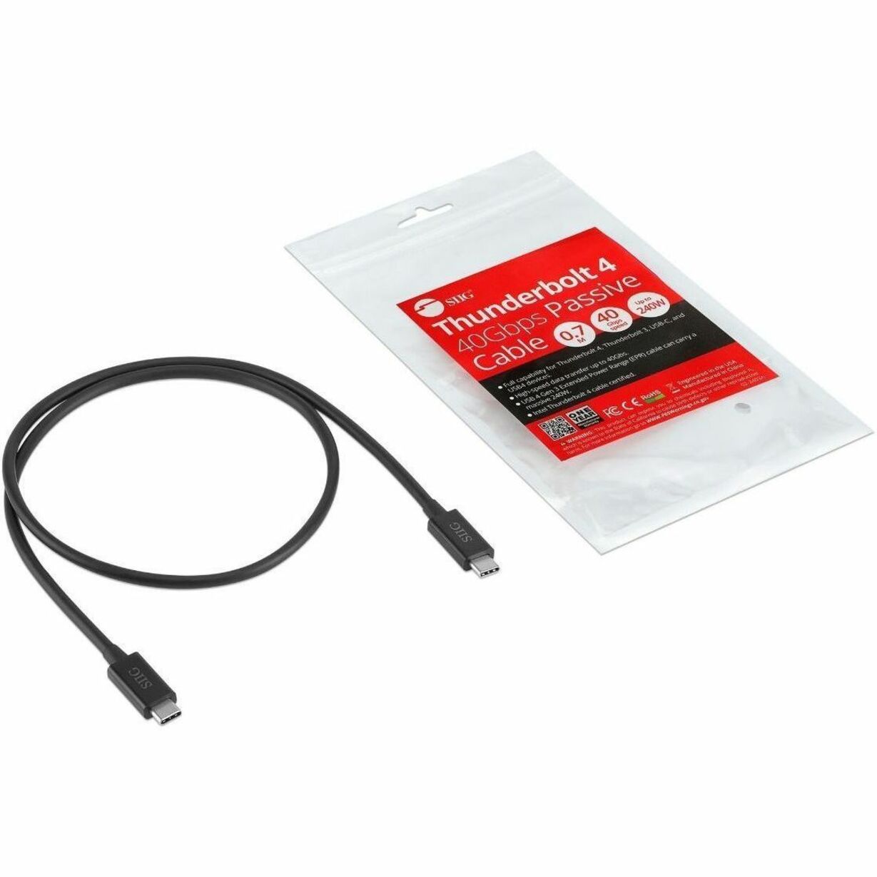 SIIG Thunderbolt 4 Cable 2.3ft (0.7M) - 8K@60Hz Display - 40Gbps Data Transfer - Up to 240W Charging - Intel Thunderbolt Certified