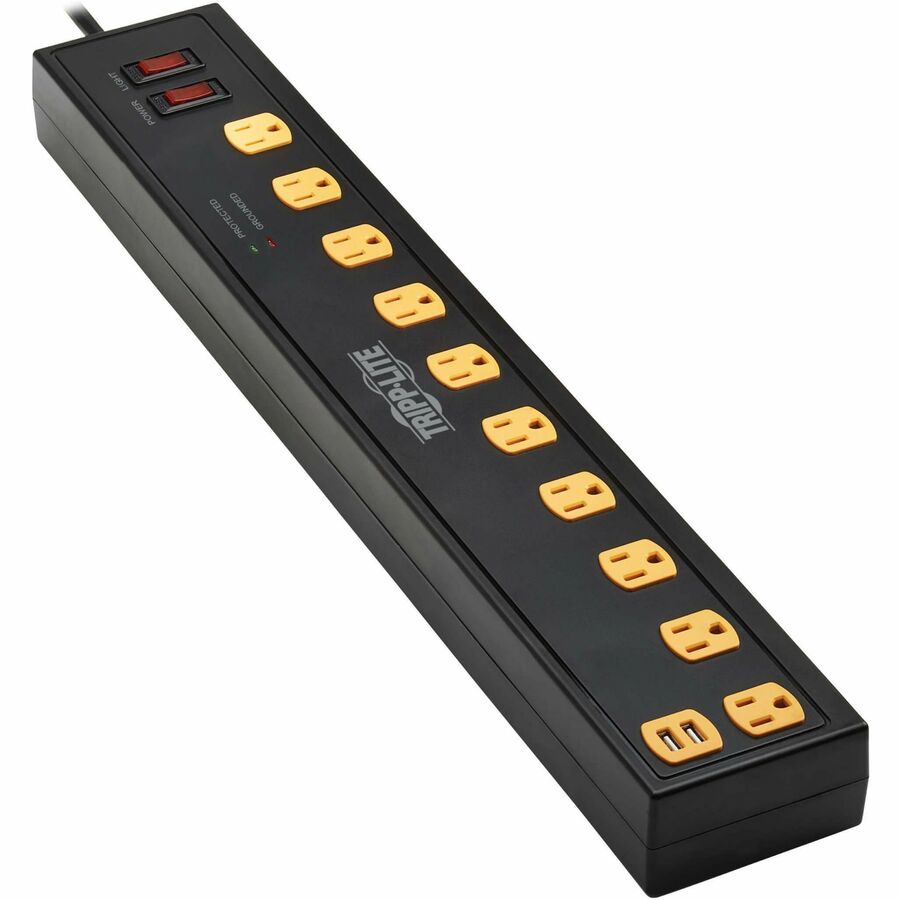 Tripp Lite Protect It! 10-Outlet Surge Protector with Swivel Light Bars - 5-15R Outlets 2 USB Ports 10 ft. (3 m) Cord 4500 Joules Black