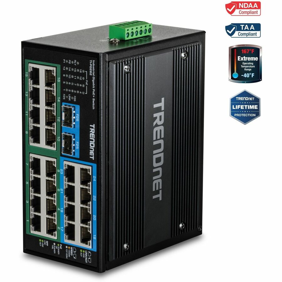 TRENDnet 26-Port Hardened Industrial Unmanaged Gigabit DIN-Rail Switch TI-PG262 16 x Gigabit PoE+ Ports 8 x Gigabit RJ-45 Ports 2 x SFP Ports IP30 Lifetime Protection Black