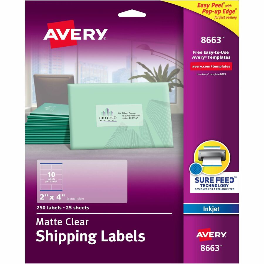 Avery&reg; Matte Clear Shipping Labels Sure Feed&reg; Technology Inkjet 2" x 4"  250 Labels (8663)
