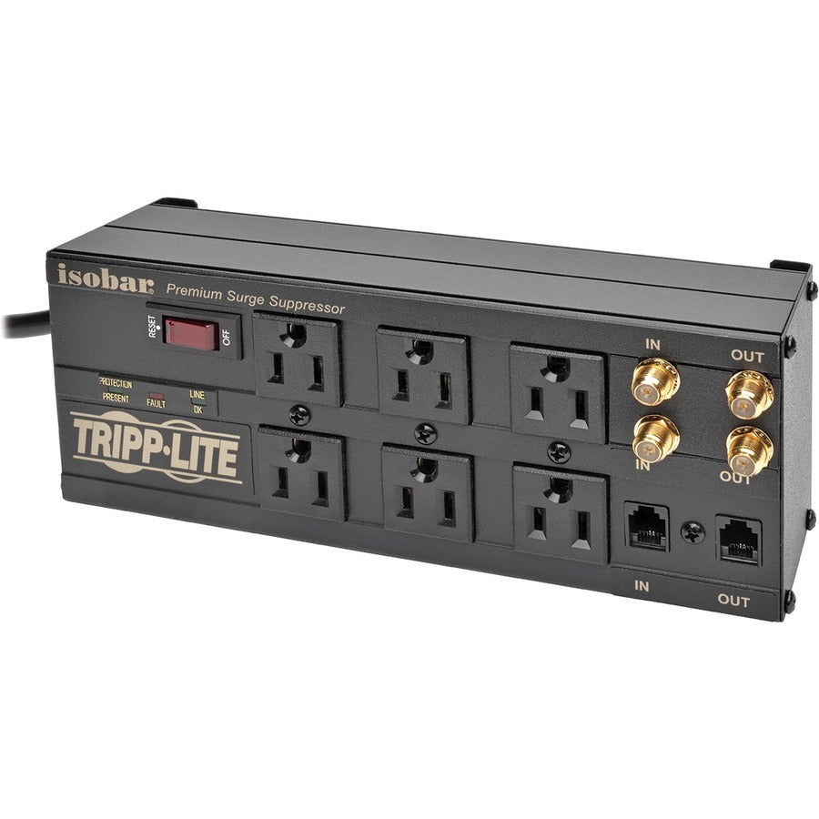 Tripp Lite Isobar 6-Outlet Surge Protector 6 ft. Cord with Right-Angle Plug 3330 Joules Diagnostic LEDs Tel/Coax/Modem Metal