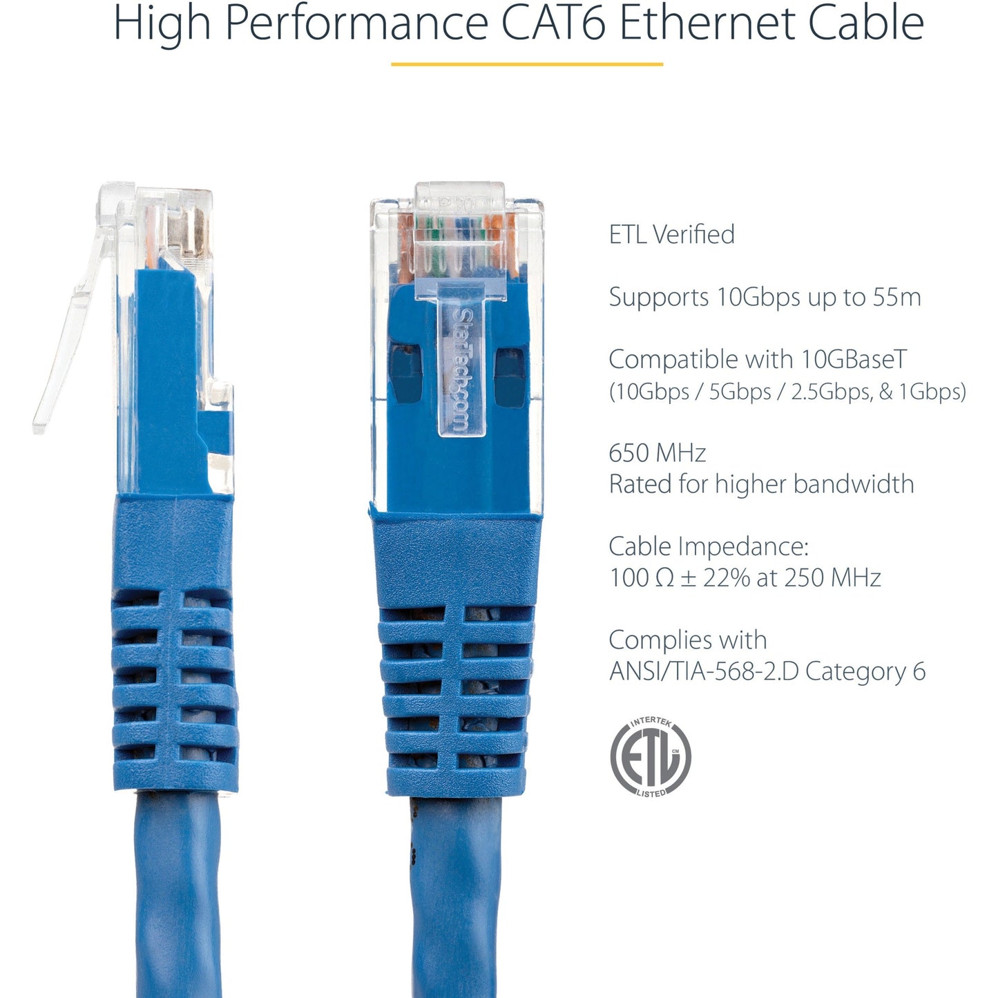 StarTech.com 3ft CAT6 Ethernet Cable - Blue Molded Gigabit - 100W PoE UTP 650MHz - Category 6 Patch Cord UL Certified Wiring/TIA