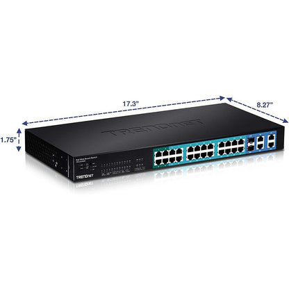 TRENDnet 28-Port 10/100Mbps Web Smart PoE+ Switch 20 x PoE Ports 4 x PoE+ Ports 2 x Gigabit Ports 2 x Shared Gigabit Ports (RJ-45 or SFP) Rack Mountable Lifetime Protection Black TPE-224WS