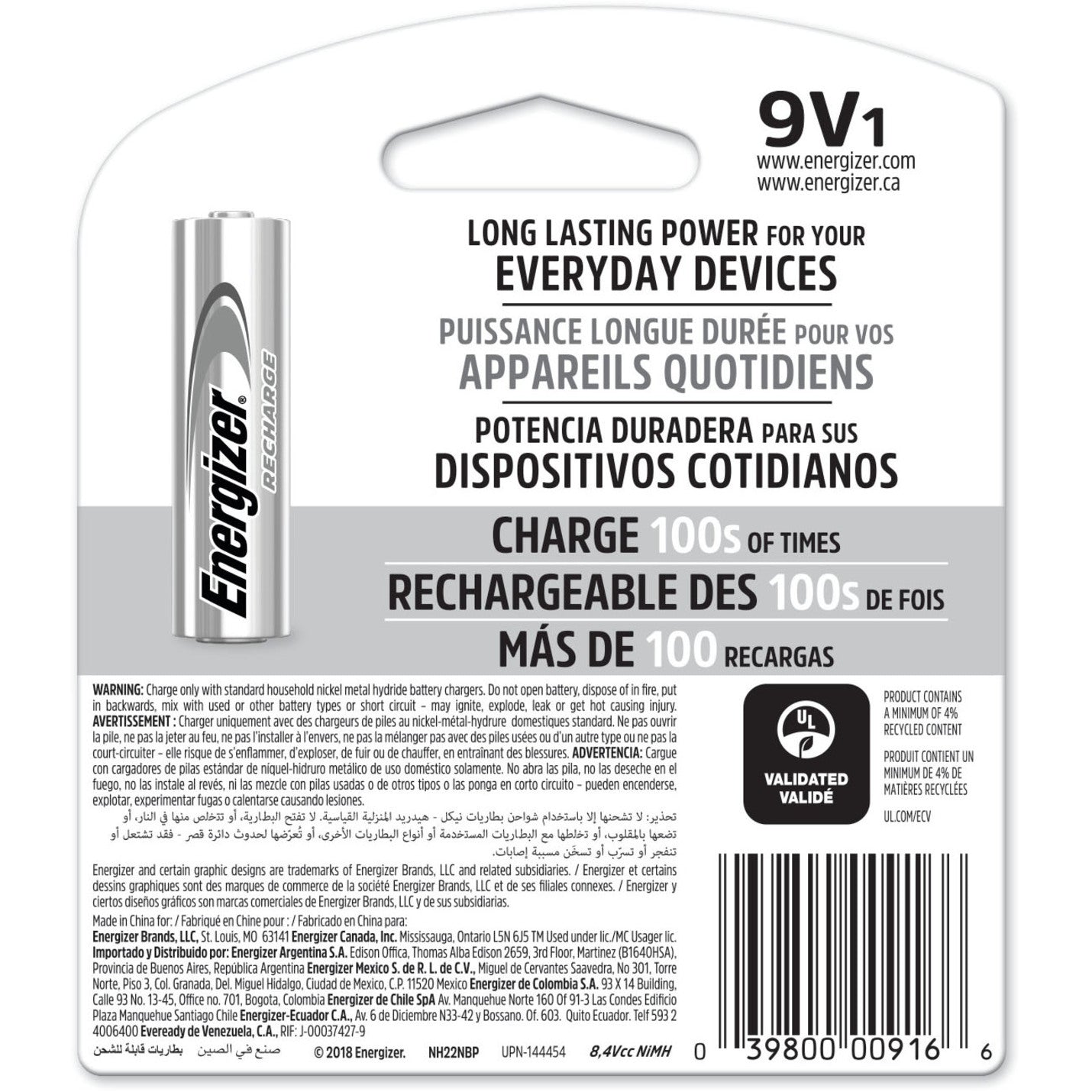 Energizer Recharge Universal Rechargeable 9V Batteries 1 Pack