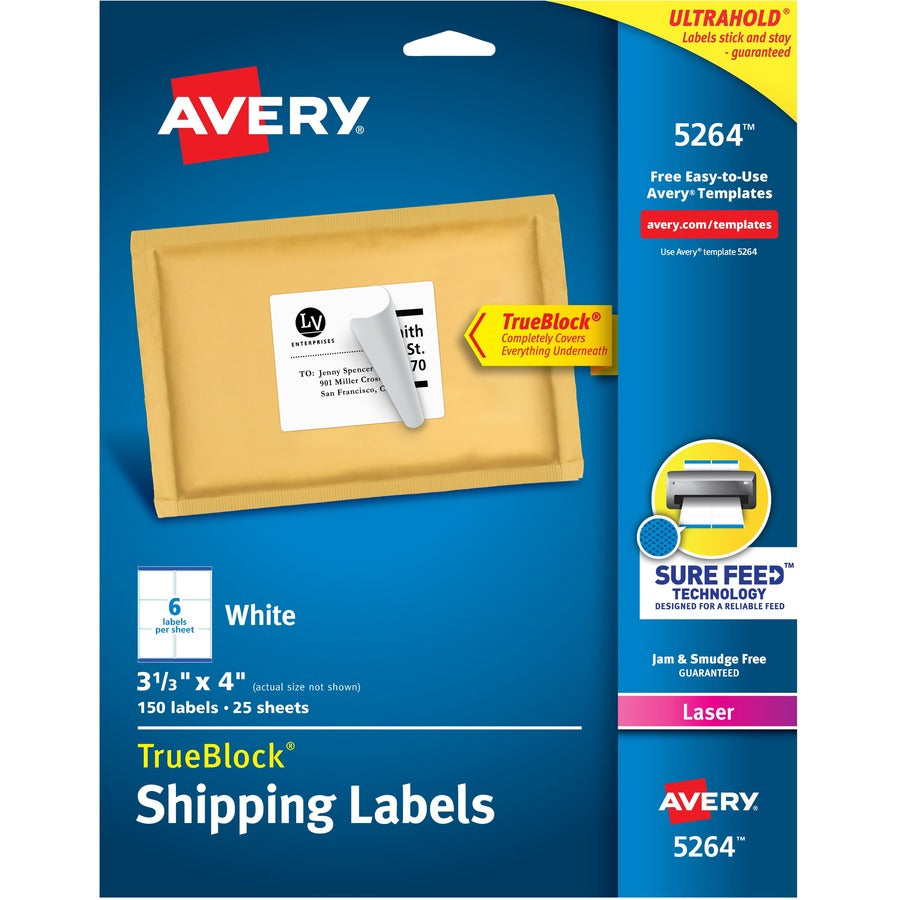 Avery&reg; TrueBlock&reg; Shipping Labels Sure Feed&reg; Technology Permanent Adhesive 3-1/3" x 4"  150 Labels (5264)