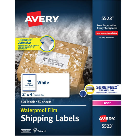 Avery&reg; Waterproof Labels with Ultrahold&reg; Permanent Adhesive 2" x 4"  Laser 500 Labels (05523)
