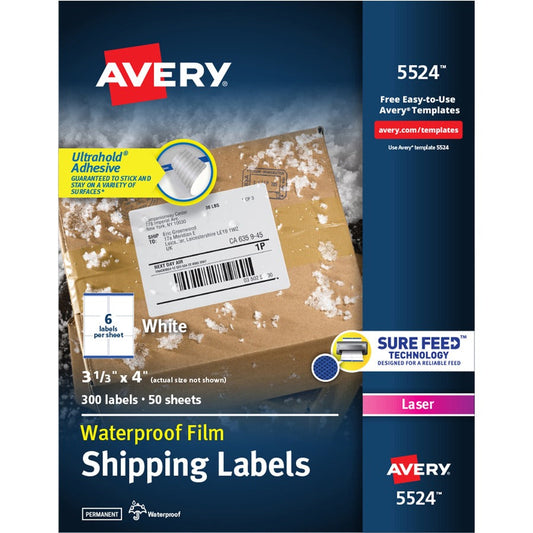 Avery&reg; Waterproof Labels with Ultrahold&reg; Permanent Adhesive 3-1/3" x 4"  Laser 300 Labels (05524)