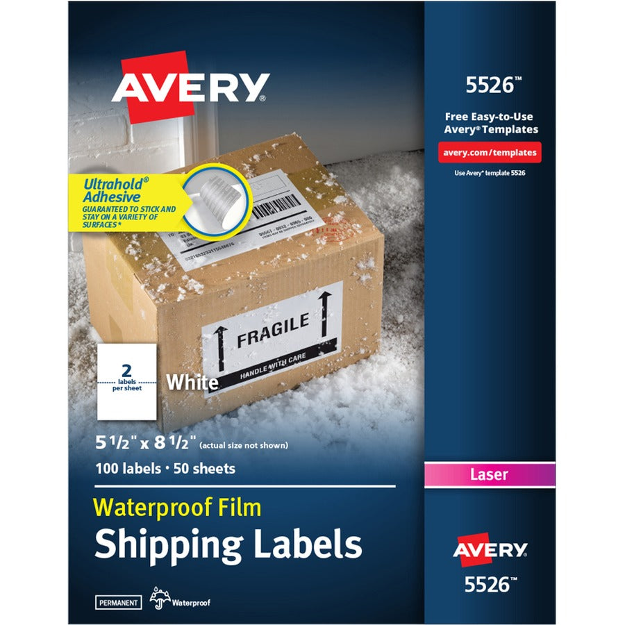 Avery&reg; Waterproof Shipping Labels with Ultrahold&reg; Permanent Adhesive 5-1/2" x 8-1/2"  100 Labels for Laser Printers (5526)