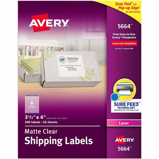 Avery&reg; Matte Clear Shipping Labels Sure Feed&reg; Technology Laser 3-1/3" x 4"  300 Labels (5664)