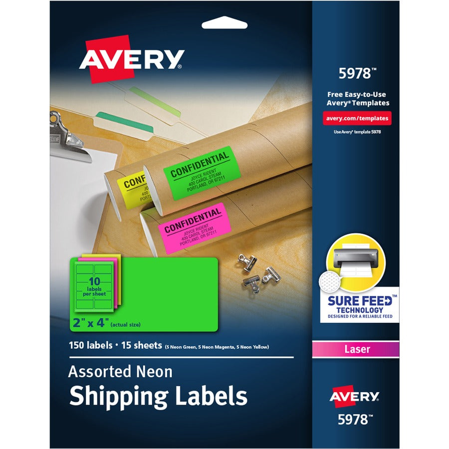 Avery&reg; Neon Shipping Labels with Sure Feed&reg; for Laser Printers 2"x4"  Assorted Colors 150 Labels (5978)