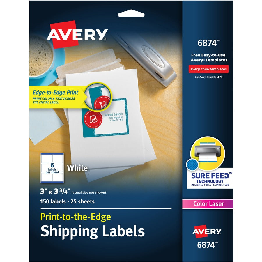 Avery&reg; Shipping Labels with Sure Feed&reg; for Color Laser Printers Print-to-the-Edge 3" x 3-3/4"  150 White Labels (6874)