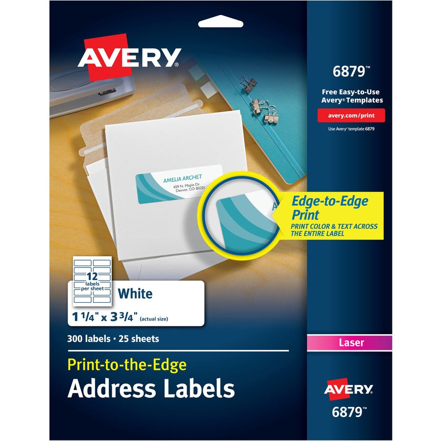 Avery&reg; Print to the Edge Shipping Labels for Color Laser Printers and Copiers Sure Feed&reg; Technology 1-1/4" x 3-3/4"  300 Labels (6879)