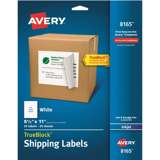 Avery&reg; Shipping Address Labels Inkjet Printers 25 Labels Full Sheet Labels Permanent Adhesive TrueBlock&reg; (8165)