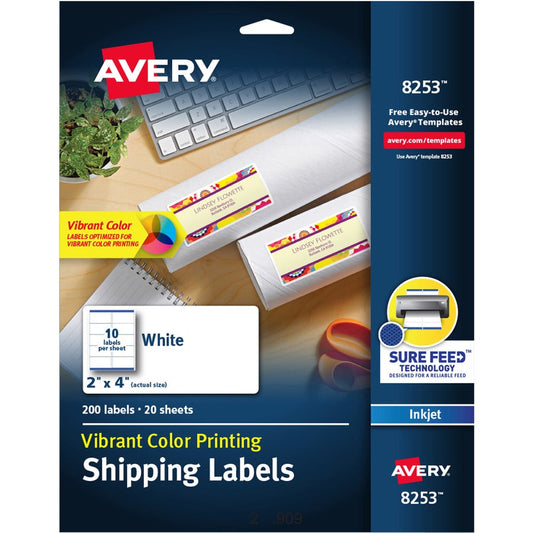 Avery&reg; White Shipping Labels Sure Feed&reg; Technology Permanent Adhesive 2" x 4"  200 Labels (8253)
