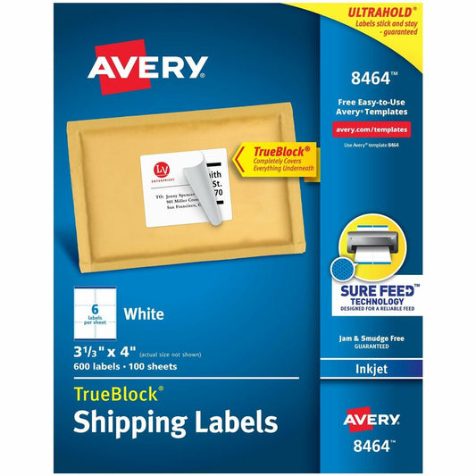 Avery&reg; TrueBlock&reg; Shipping Labels Sure Feed&reg; Technology Permanent Adhesive 3-1/3" x 4"  600 Labels (8464)