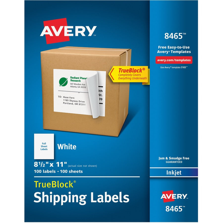 Avery&reg; Shipping Labels TrueBlock&reg; Technology Permanent Adhesive 8-1/2" x 11"  100 Labels (8465)