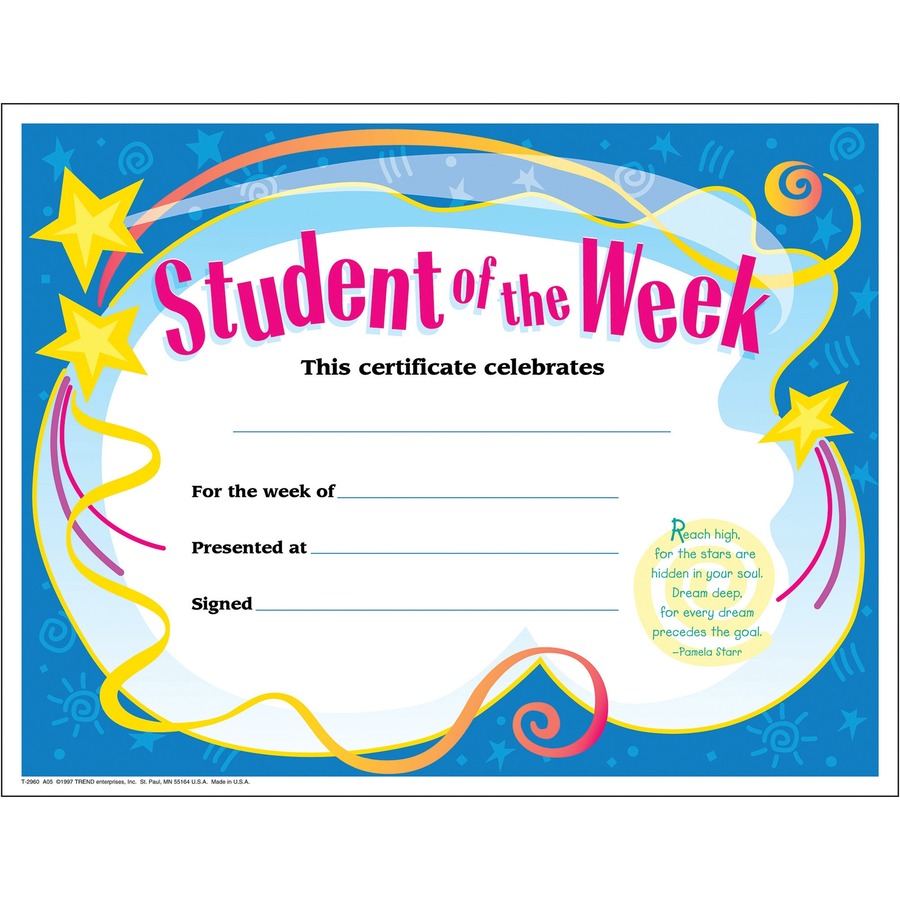 Trend Student of The Week Award Certificate