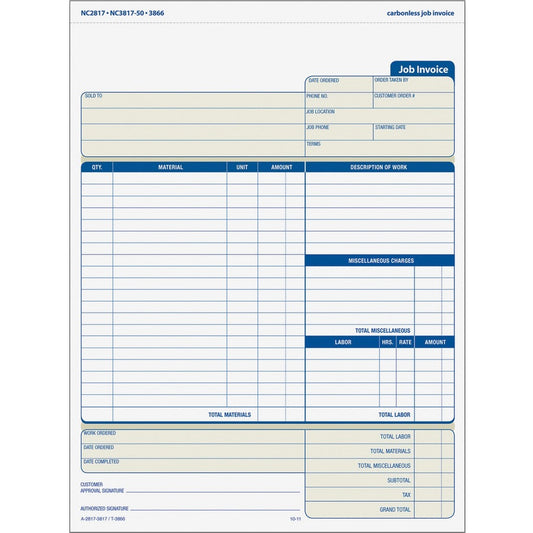 TOPS Three-part Carbonless Job Invoice Forms